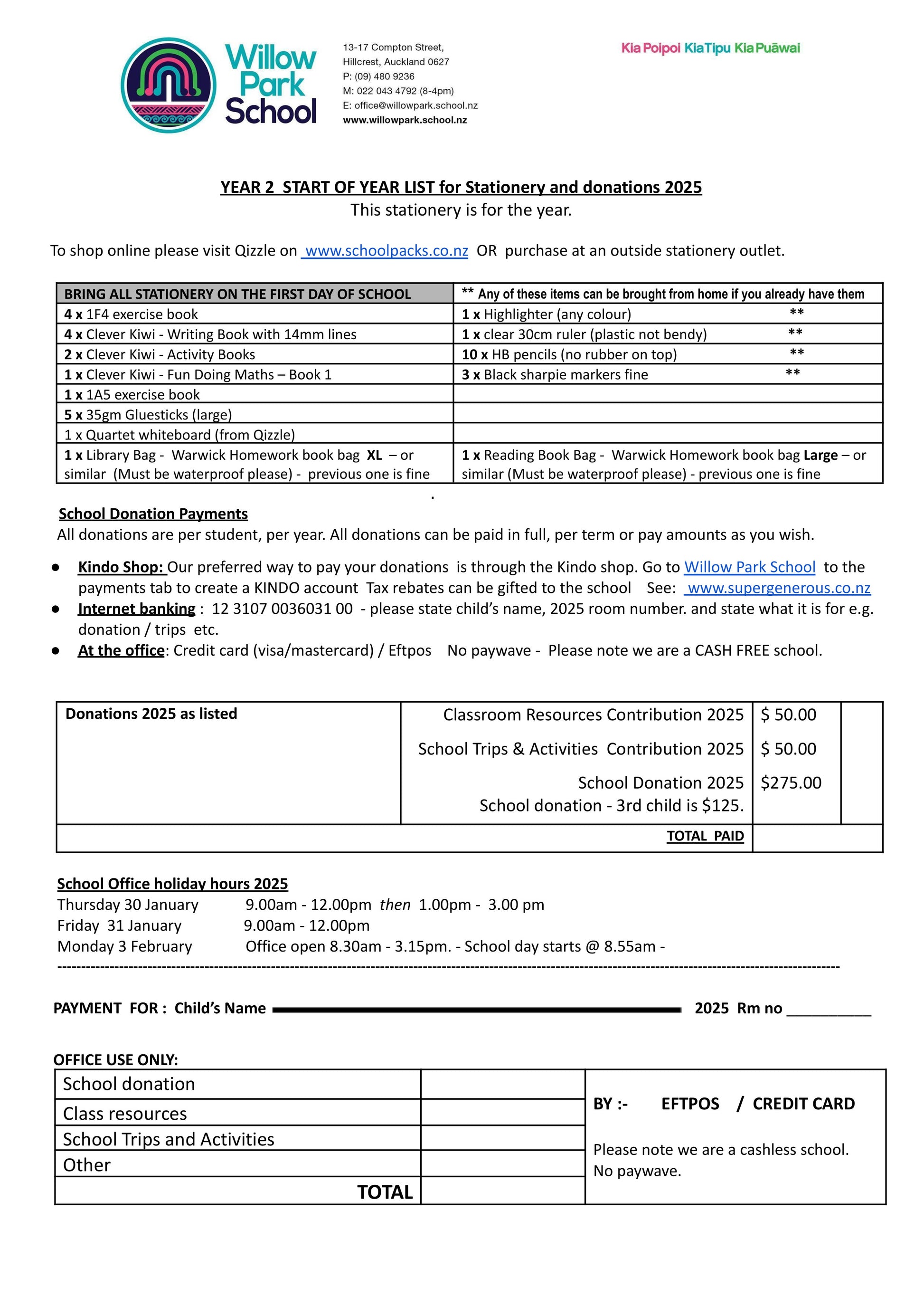 Willow Park School Stationery List 2025 Year 2
