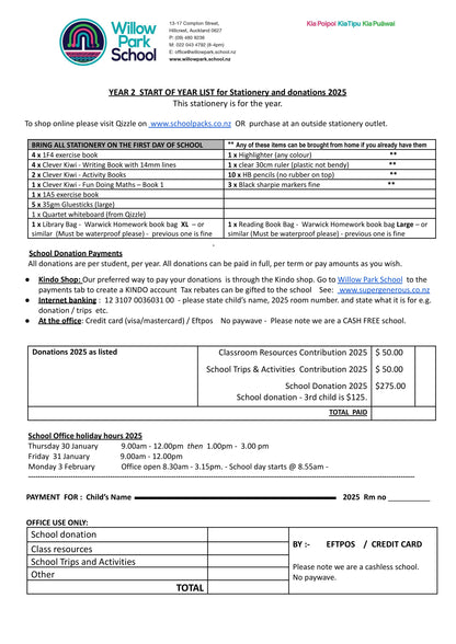 Willow Park School Stationery List 2025 Year 2