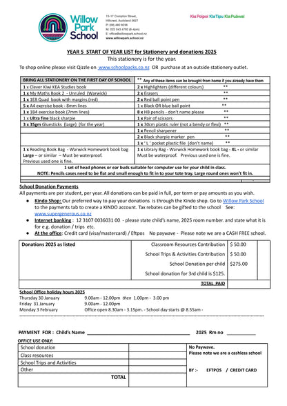 Willow Park School Stationery List 2025 Year 5