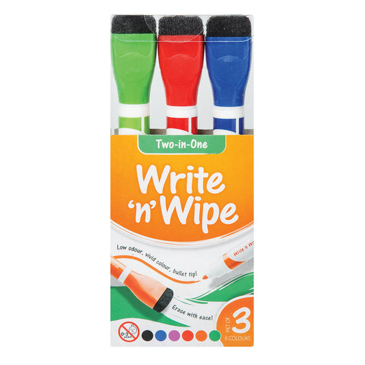 Write n Wipe 2 in 1 Whiteboard Markers Magnetic 3 Pack – 6 Colours