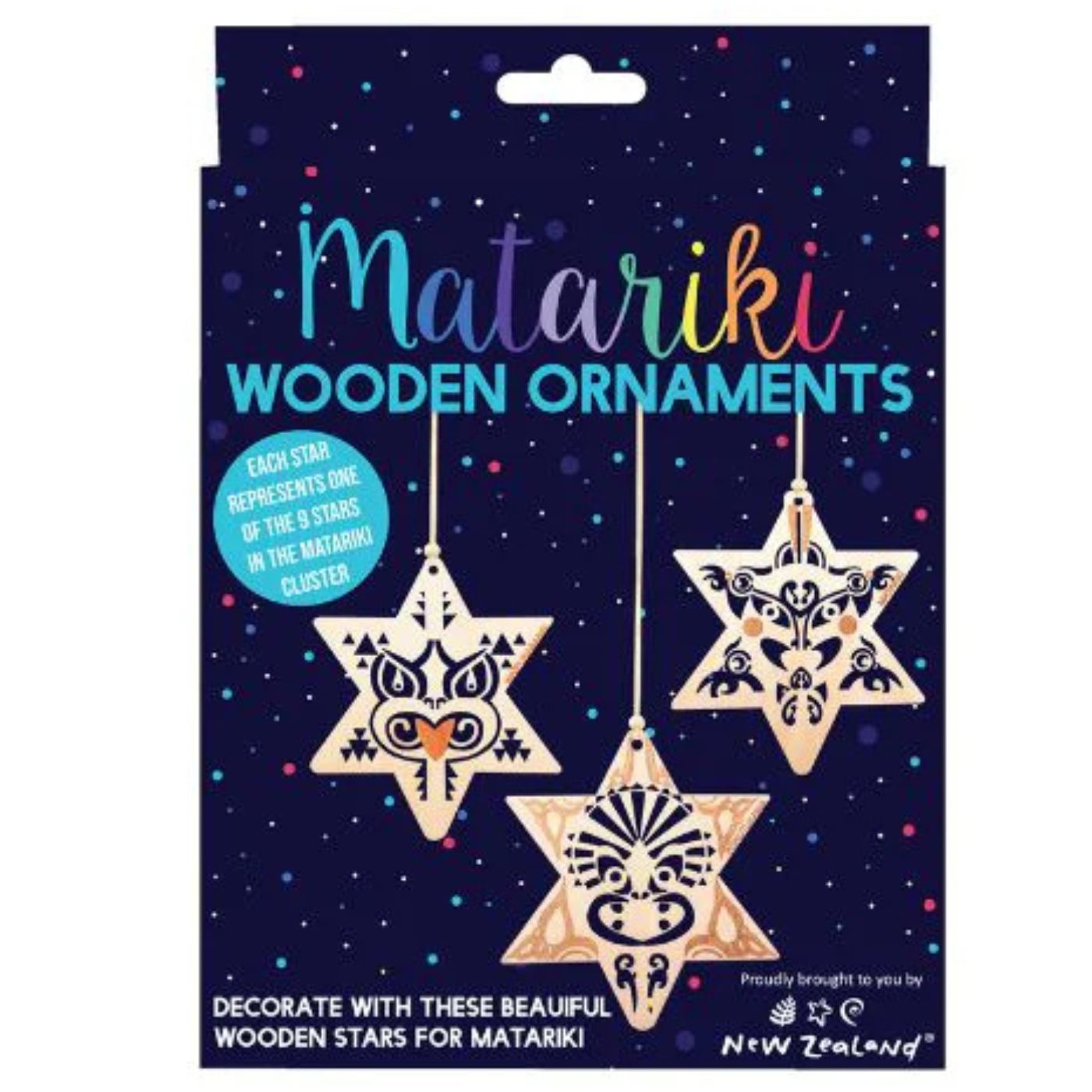 NZ Matariki Star Set with 9 wooden hanging ornaments featuring unique designs representing the 9 stars of Matariki