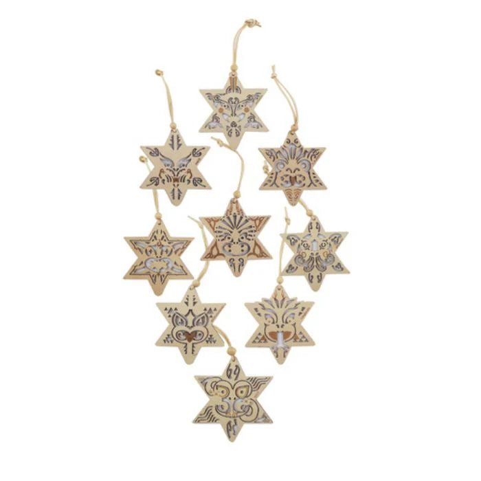 NZ Matariki Star Set with 9 wooden hanging ornaments featuring unique designs representing the 9 stars of Matariki
