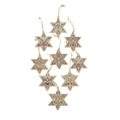 NZ Matariki Star Set with 9 wooden hanging ornaments featuring unique designs representing the 9 stars of Matariki