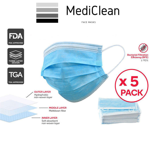 MediClean Protective  Face Mask 3 Ply Disposable Pack of 5