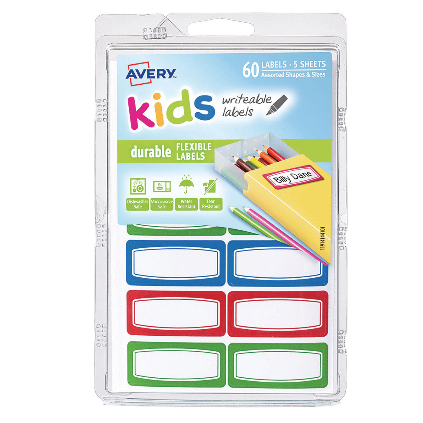 AVERY LABEL KIDS DURABLE GREEN BLUE RED BORDER 44 X 19 MM 60 labels