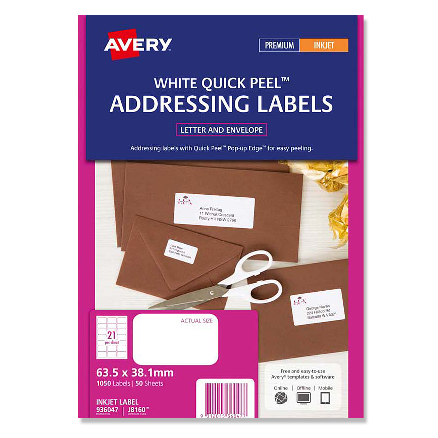 Avery Premium Inkjet Label White J8160-50 635 x 38.1mm 50 Sheets [1050 Labels]