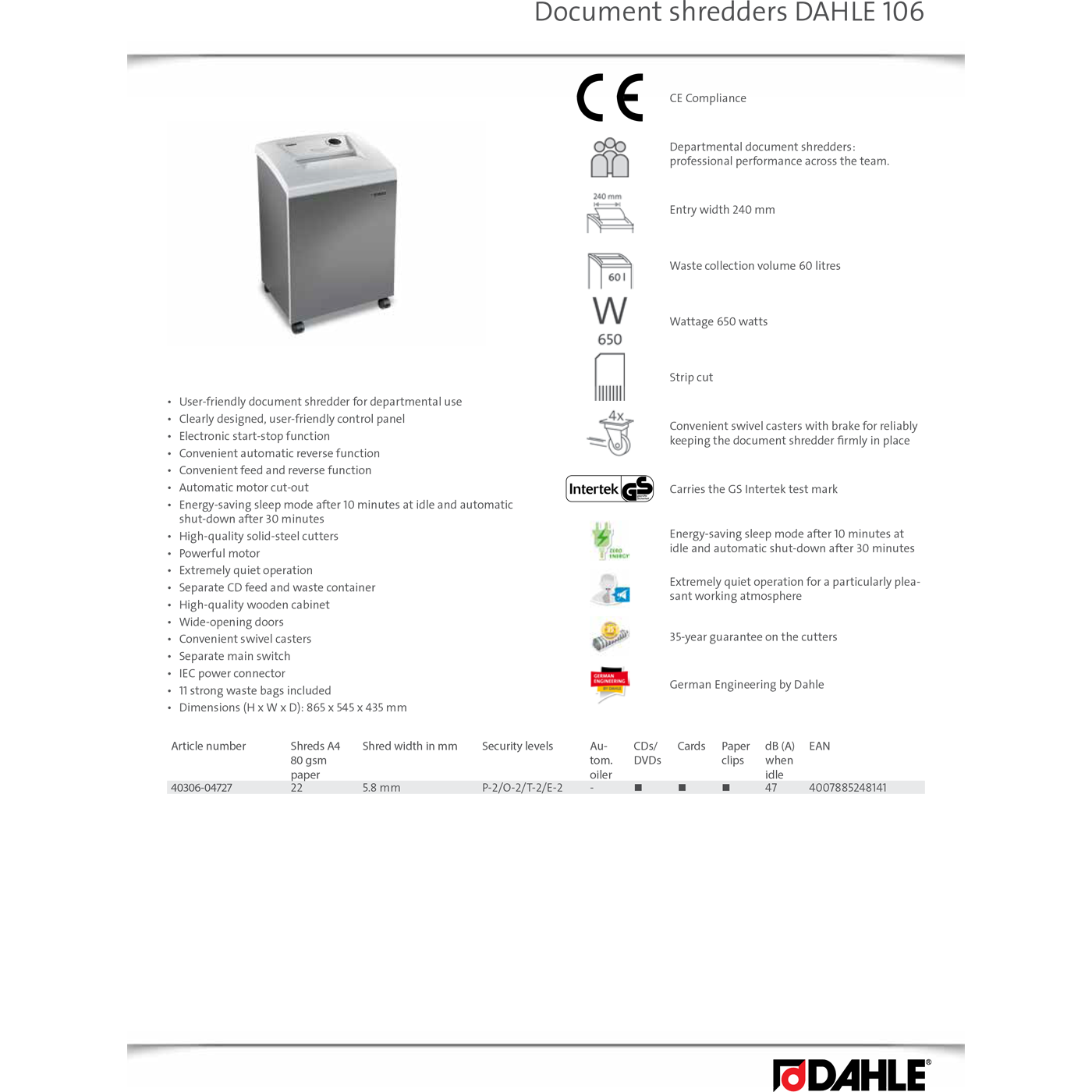 Dahle Office Paper Shredder 40306 P2 60L Strip-Cut