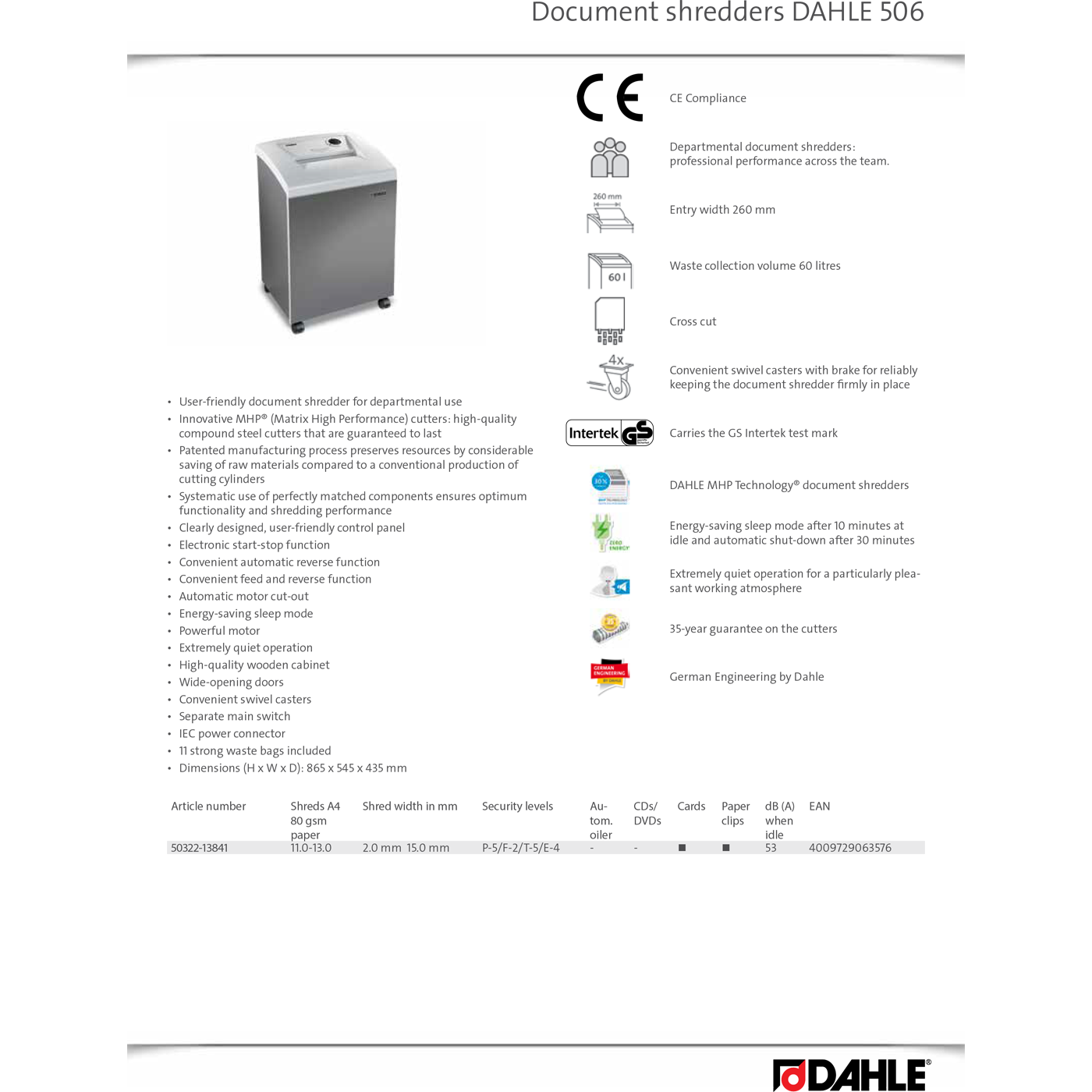 Dahle Office Paper Shredder 50322 P5 60L Cross-Cut