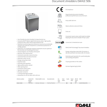 Dahle Office Paper Shredder 50322 P5 60L Cross-Cut