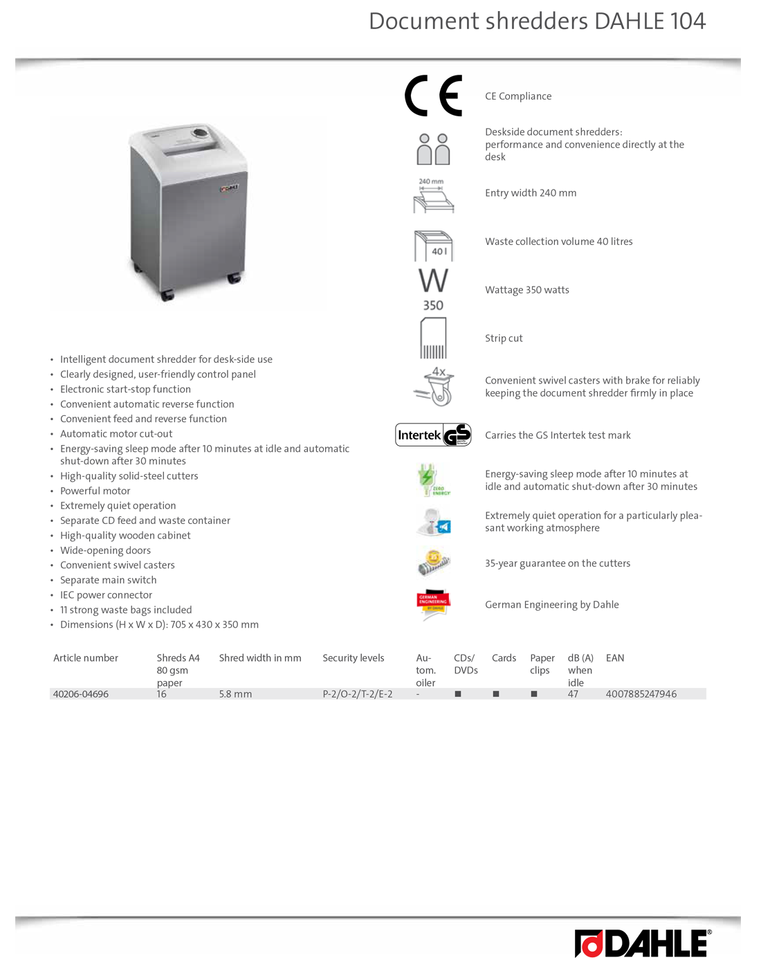 Dahle Office Paper Shredder 40206 P2 40L Strip-Cut