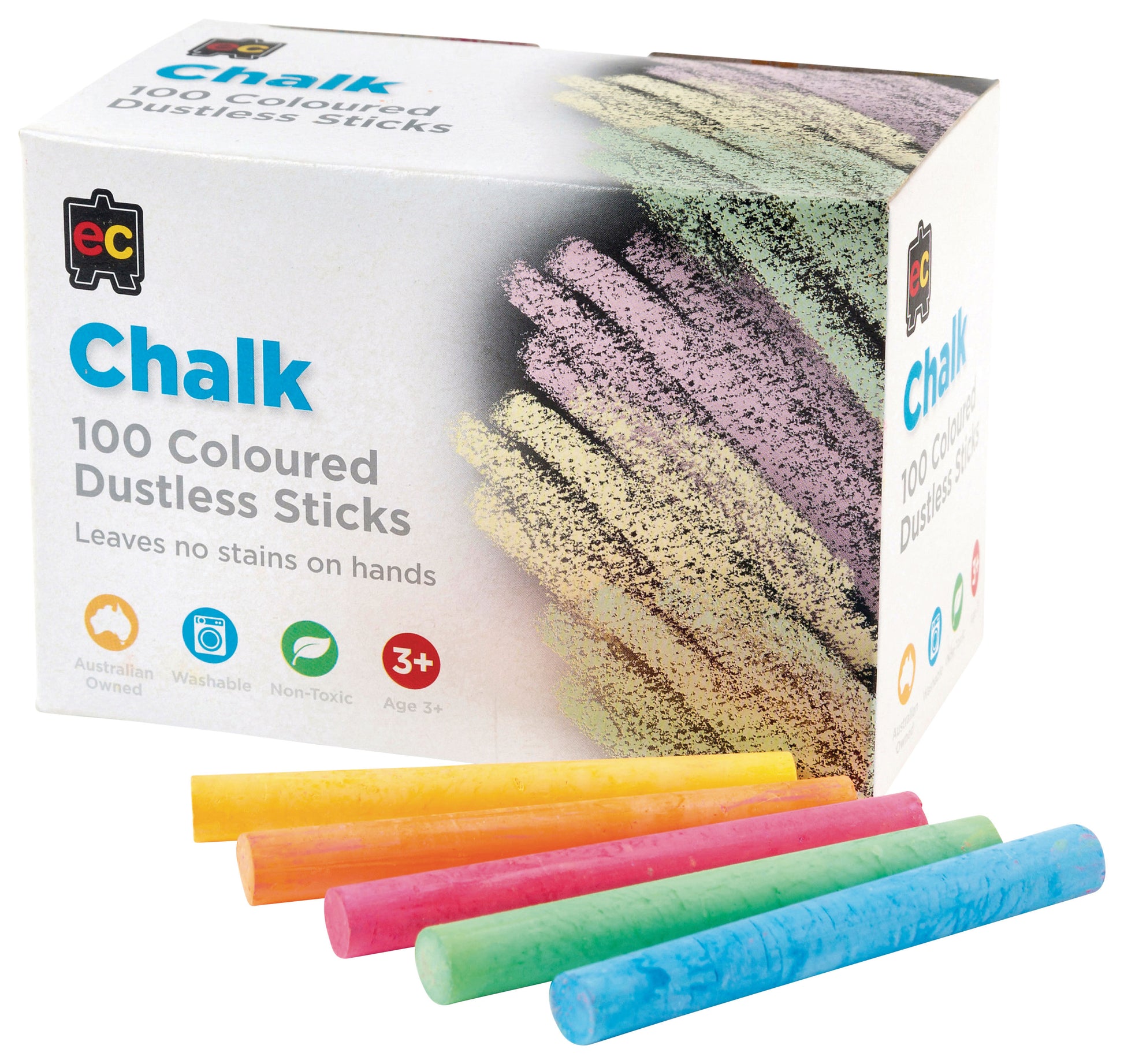 EC Dustless Coloured Chalk Sticks 100 Pack - School Depot