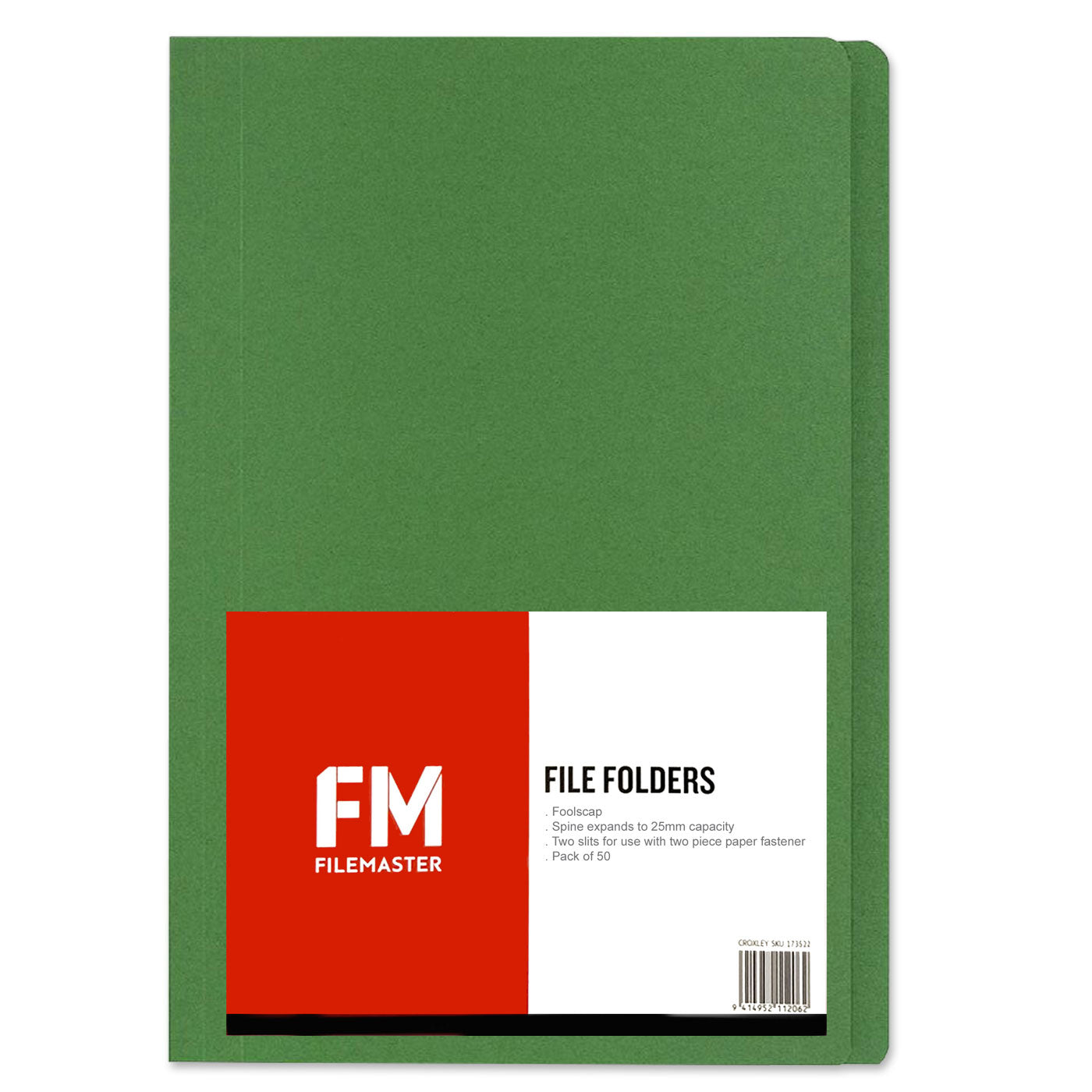 FM Manilla Folder Foolscap with Paper Fastener Green Pack of 50