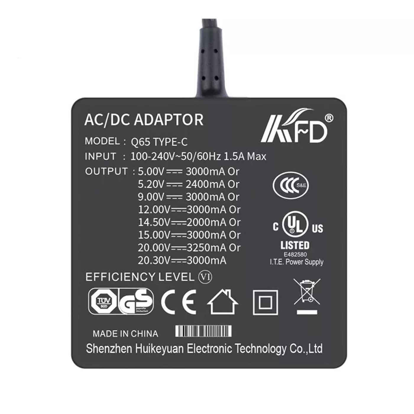 KFD Universal Power Adapter/PD Charger 65W USB-C Compatible with Asus, Acer, Lenovo, HP, Dell, Toshiba
