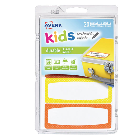 Avery Kids Labels Self-Adhesive Tear & Water-Resistant Neon Border 20 Pack