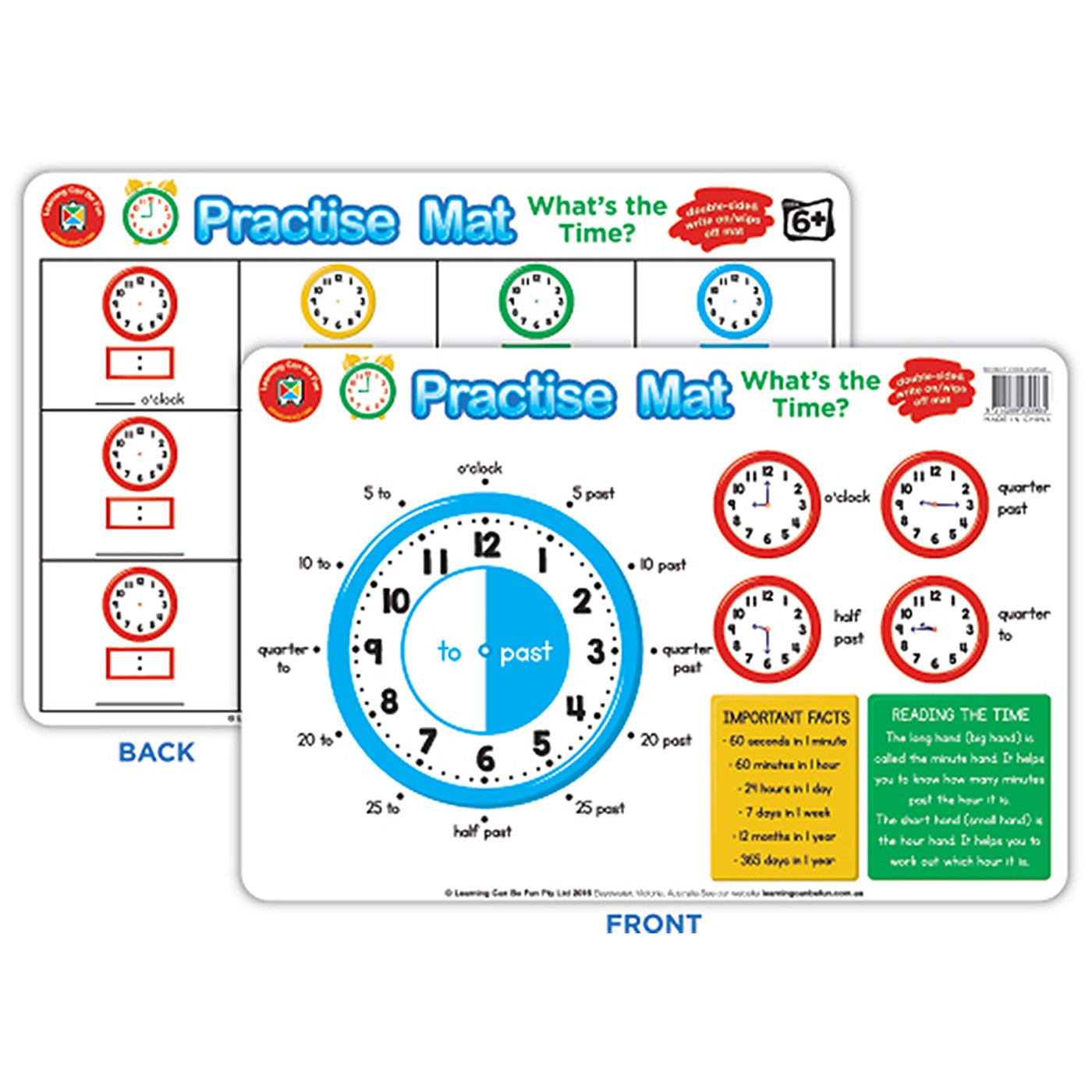 LCBF Practise Mats Double-Sided Dry Erase 42cm x 28cm Ages 6+ What's the Time