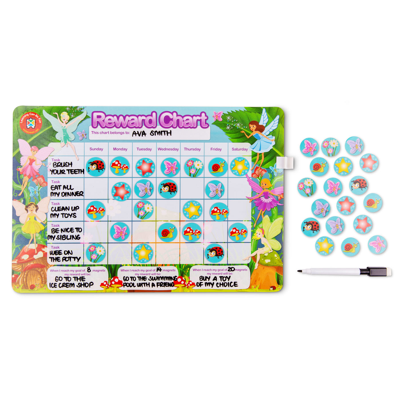 LCBF Magnetic Reward Chart Reusable with 40 Reward Magnets 39cm x 27cm Fairies