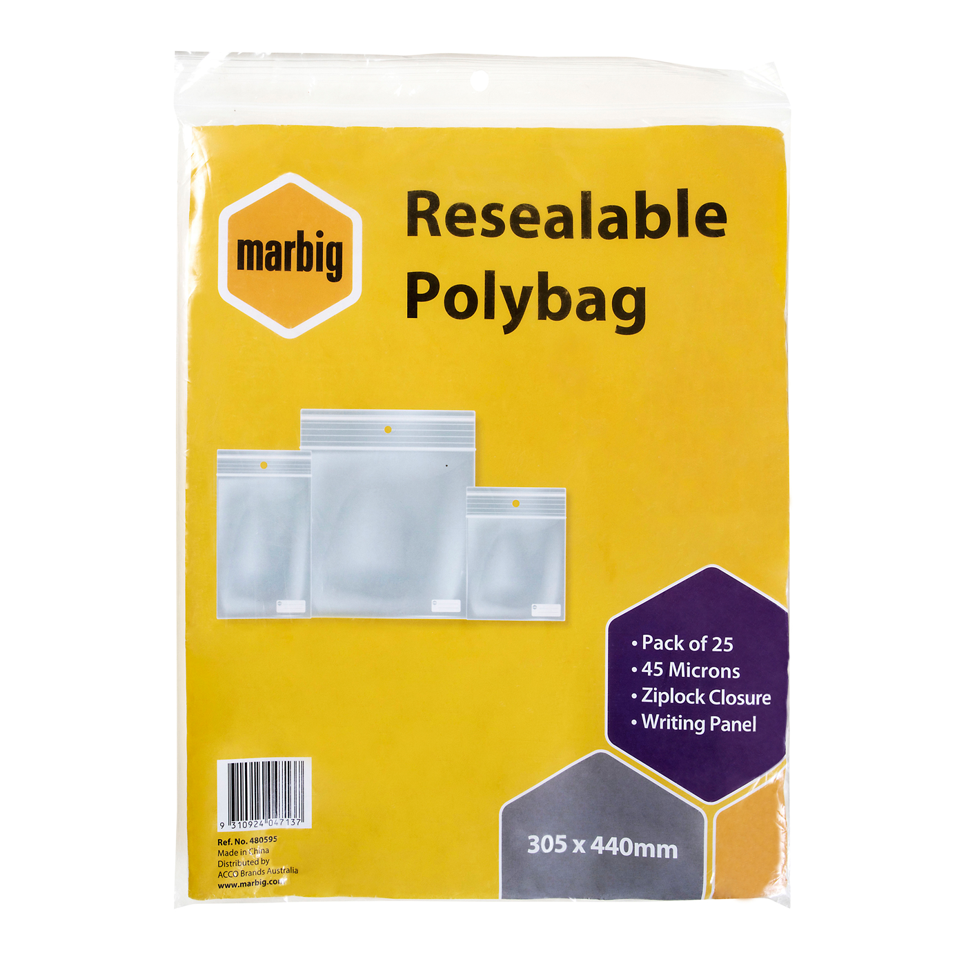 Marbig Resealable Polybag Zip Lock 305 x 440mm Writing Panel Pack of 25