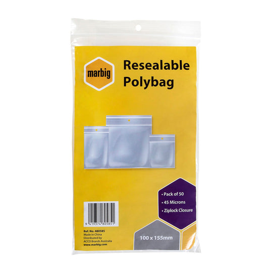 Marbig Resealable Poly Bags Zip Lock 100 x 155 mm Pack of 50