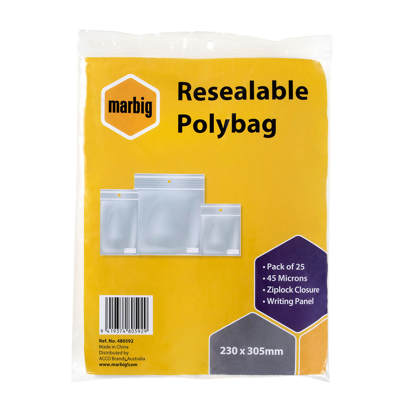 Marbig Resealable Poly Bags Zip Lock 230 x 305 mm Pack of 25