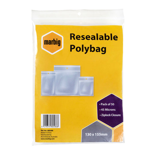 Marbig Resealable Polybag Zip Lock 130 x 155 mm Pack of 50