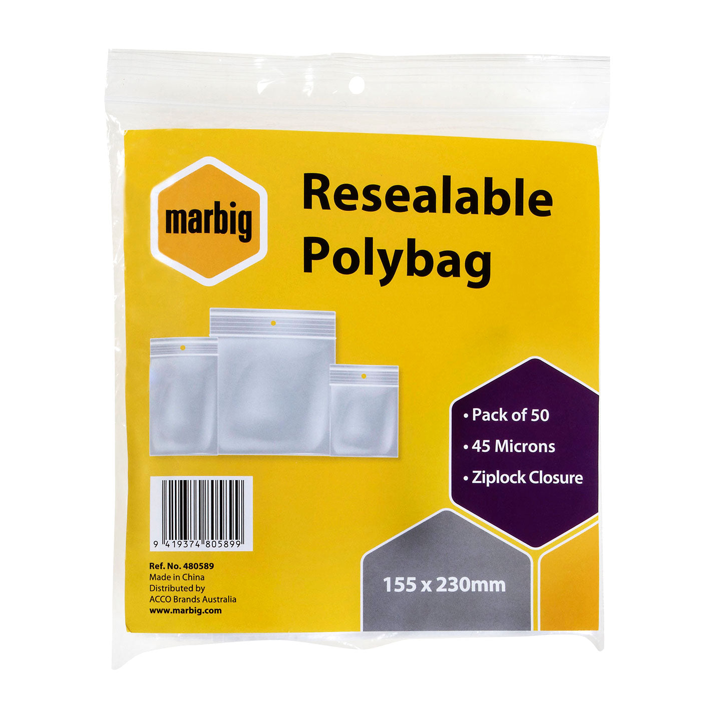 Marbig Resealable Polybag Zip Lock 155 x 230 mm Pack of 50