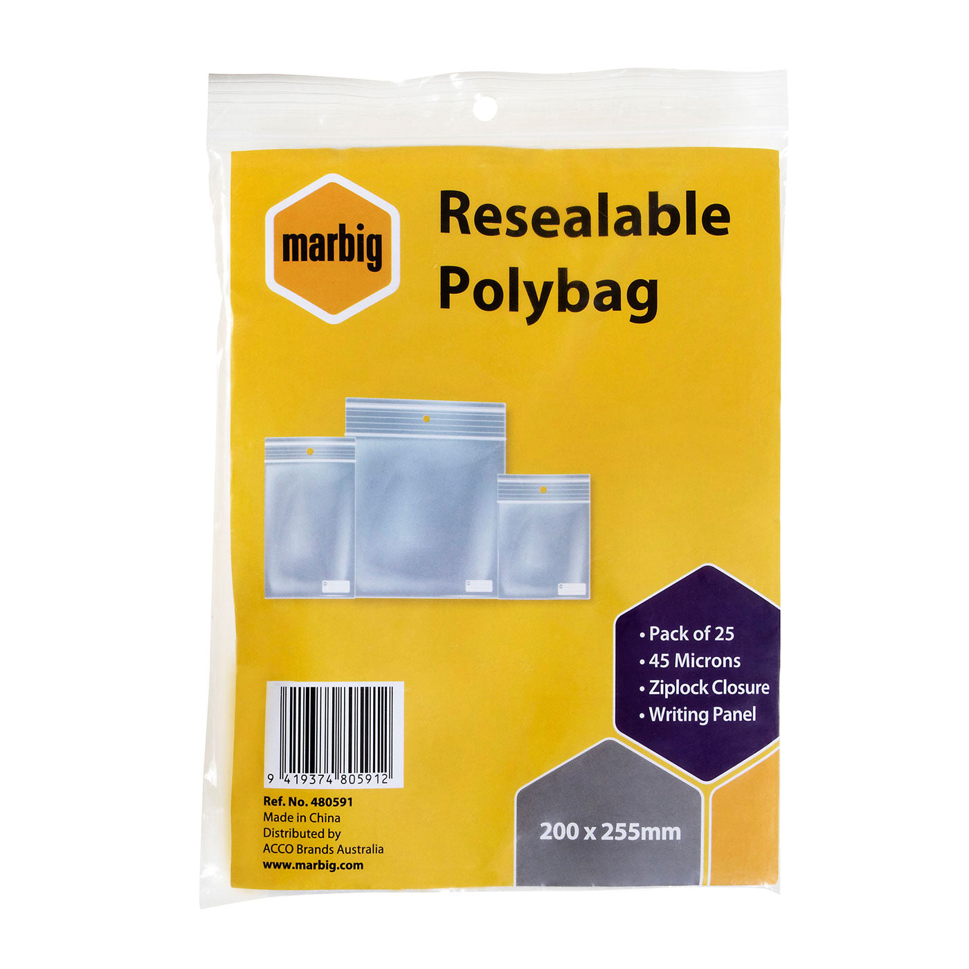 Marbig Resealable Polybag Zip Lock 200 x 255mm Writing Panel Pack of 25