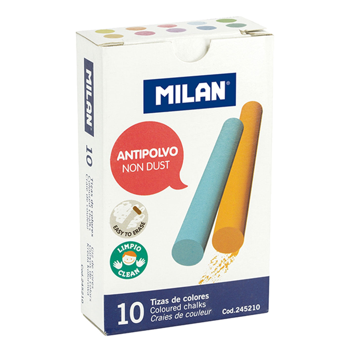 Milan Coloured Chalk Sticks Non Dust Box 10 - School Depot