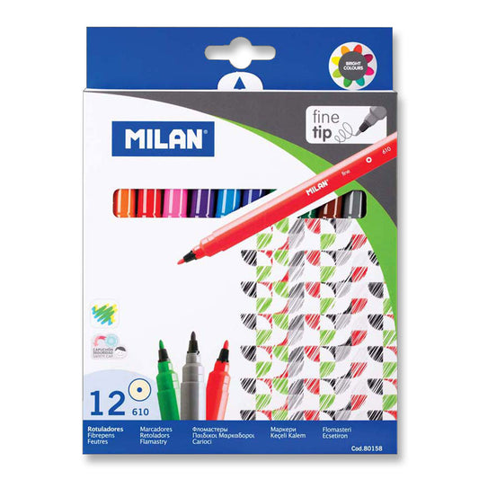 Milan Fibre Tip Markers Fine Tip Pack 12 Assorted Colours