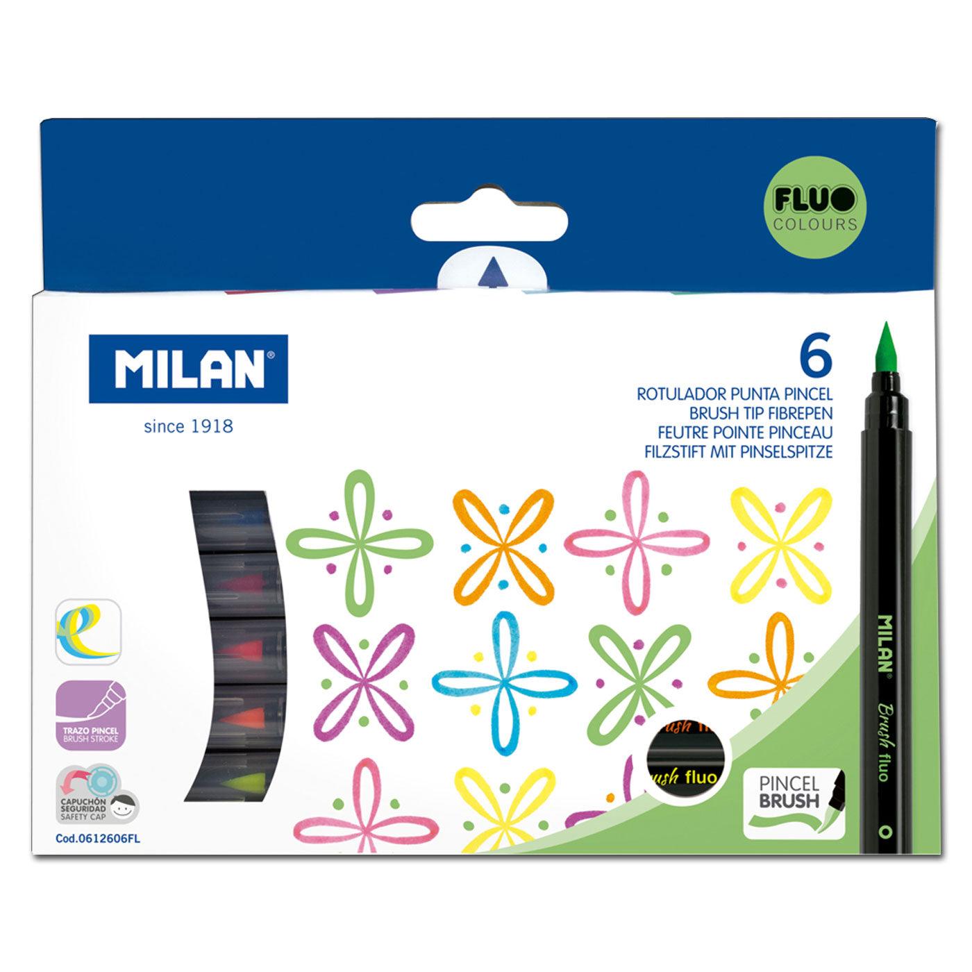 Milan Markers Brush Tip Pens Fluoro Pack 6 Assorted Colours