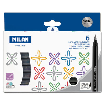 Milan Markers Brush Tip Pens Metallic Pack 6 Assorted Colours