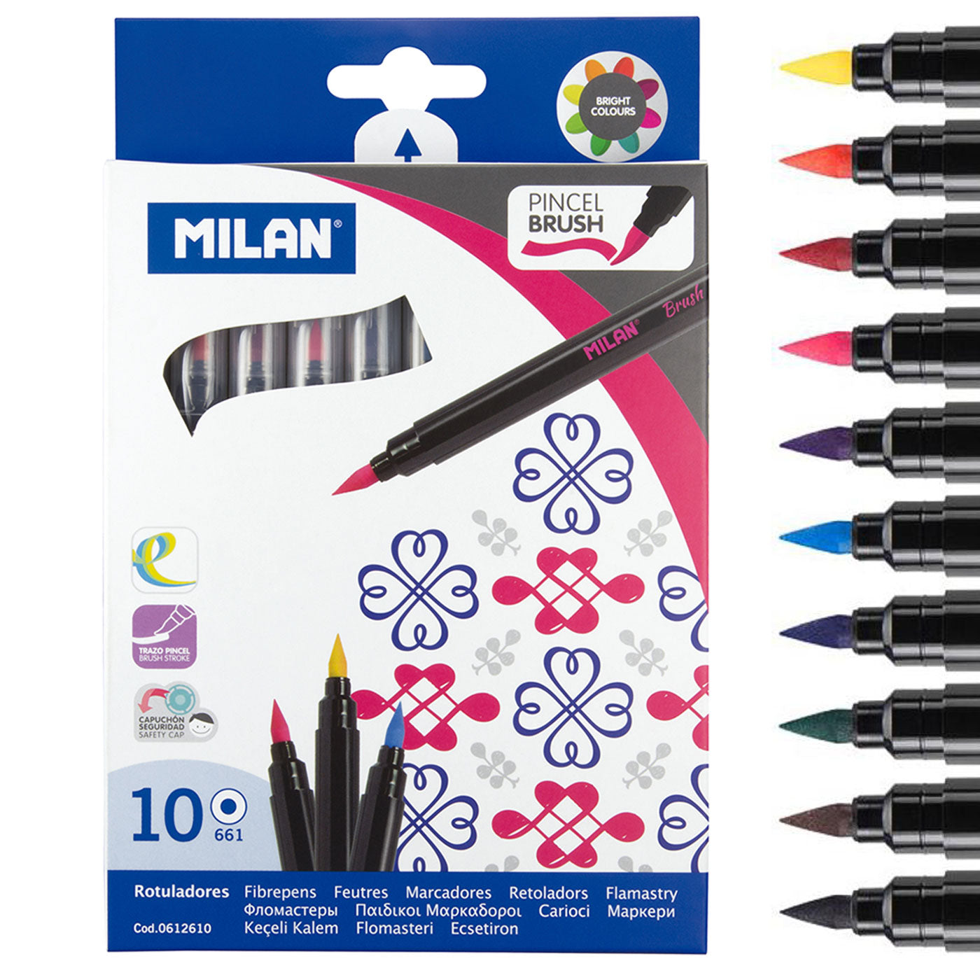 Milan Markers Brush Tip Pens Pack 10 Assorted Colours