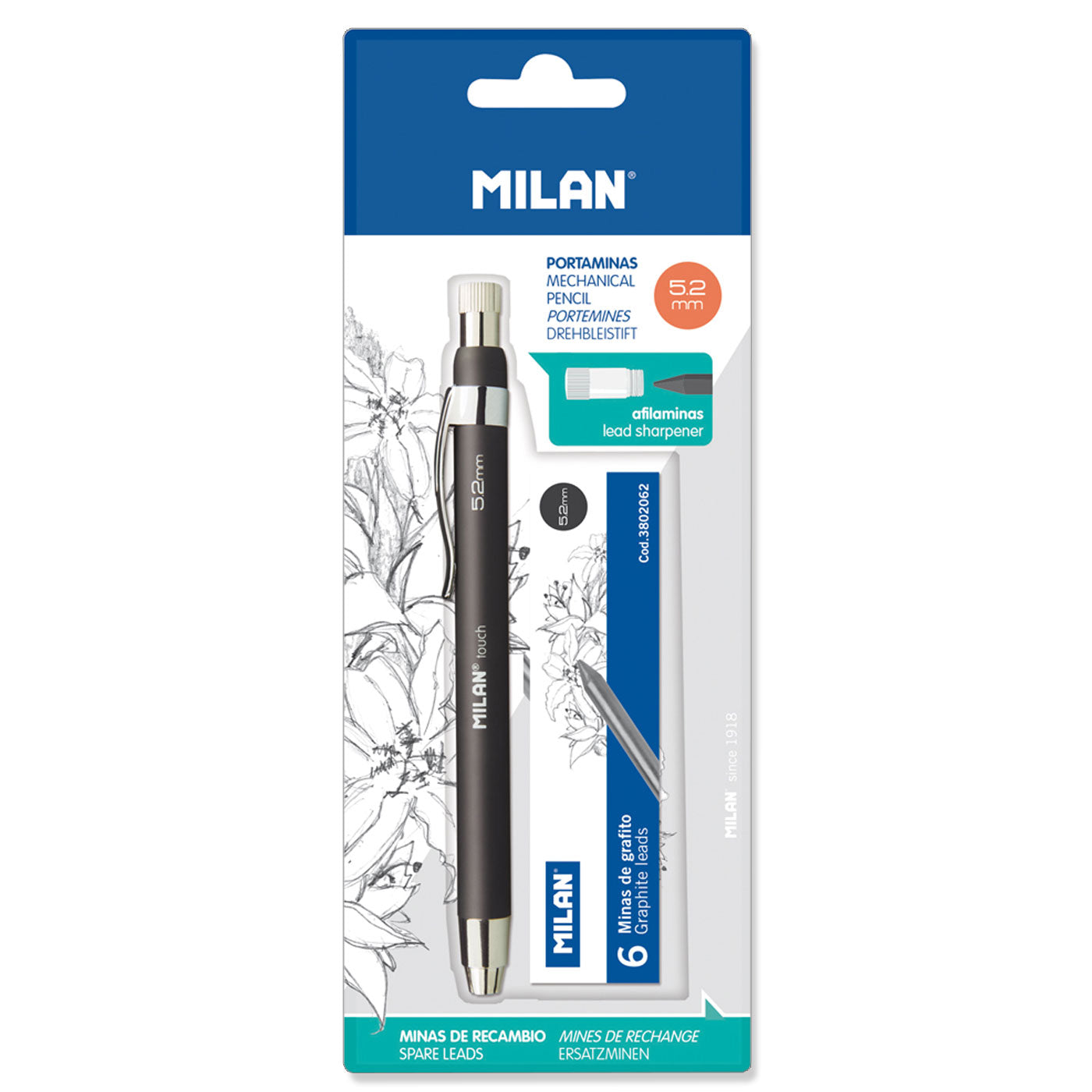 Milan Professional Mechanical Pencil B 5.2mm with 6 Leads & Lead Sharpener