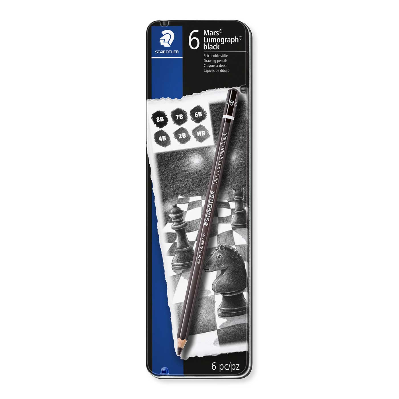 Staedtler Pencil Mars Lumograph Black Tin of 6 [2x2B, 2x4B, 6B, 8B]