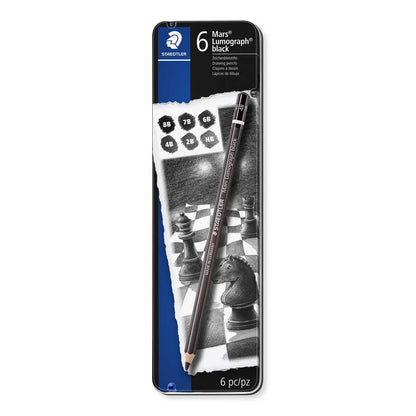 Staedtler Pencil Mars Lumograph Black Tin of 6 [2x2B, 2x4B, 6B, 8B]
