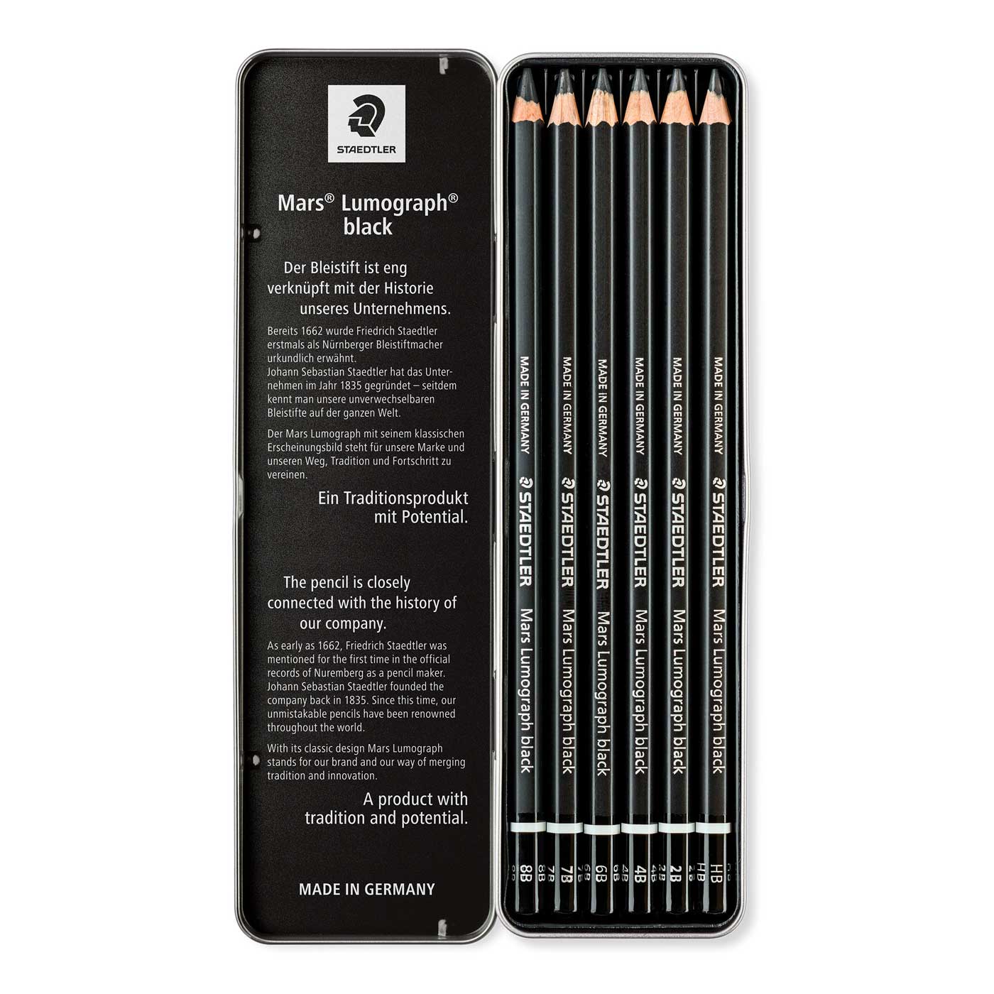 Staedtler Pencil Mars Lumograph Black Tin of 6 [2x2B, 2x4B, 6B, 8B]