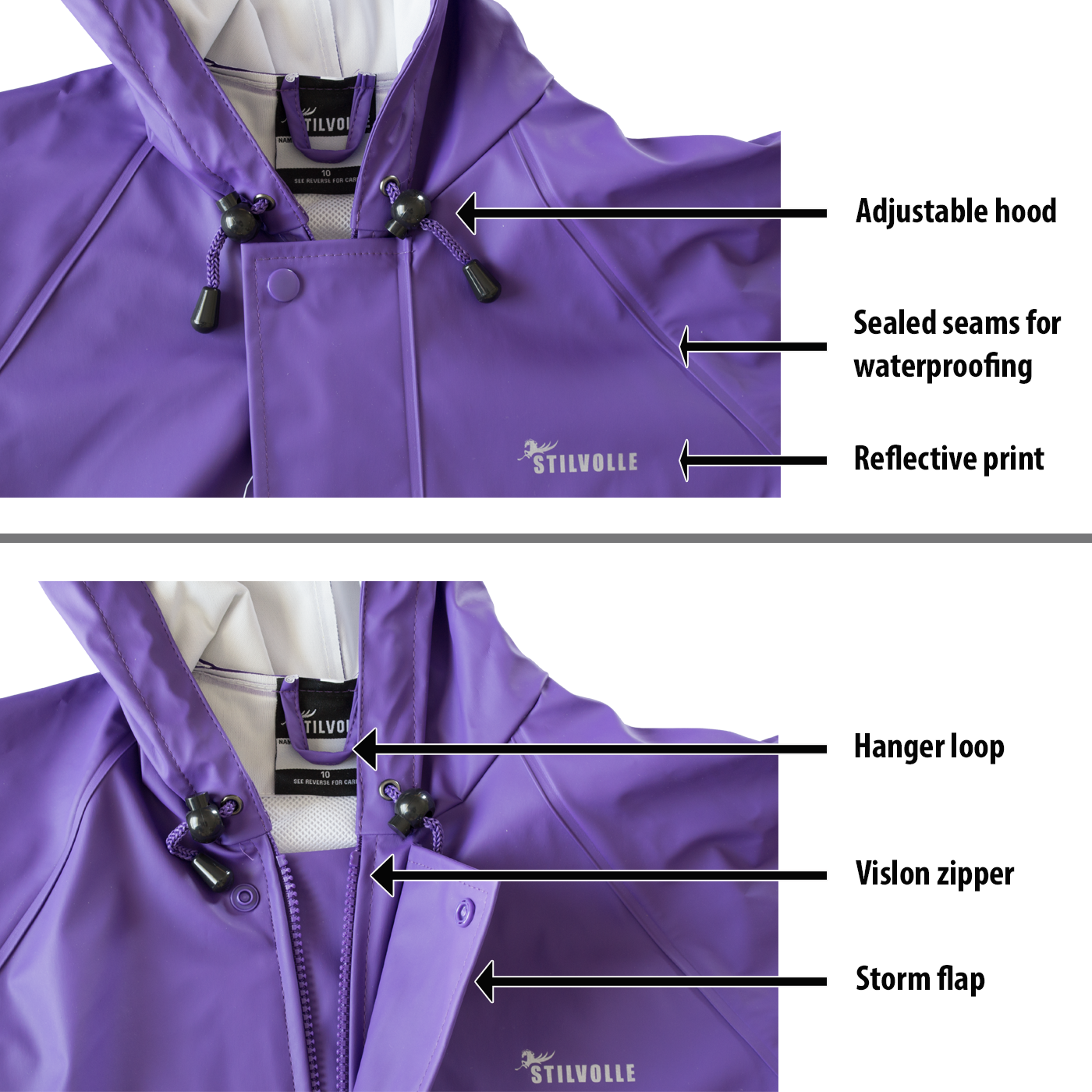 Stilvolle Kids Raincoat 100% Waterproof Hooded Purple Features