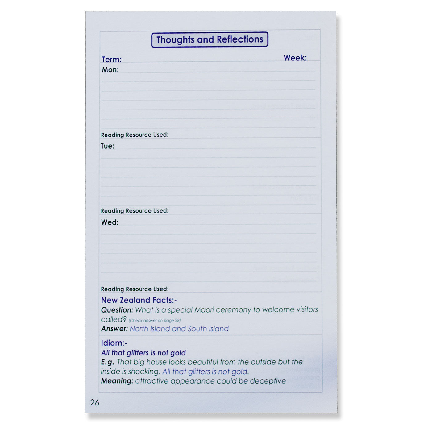 Students Diary Senior Level Reflections NZ Version Years 6 to 8 