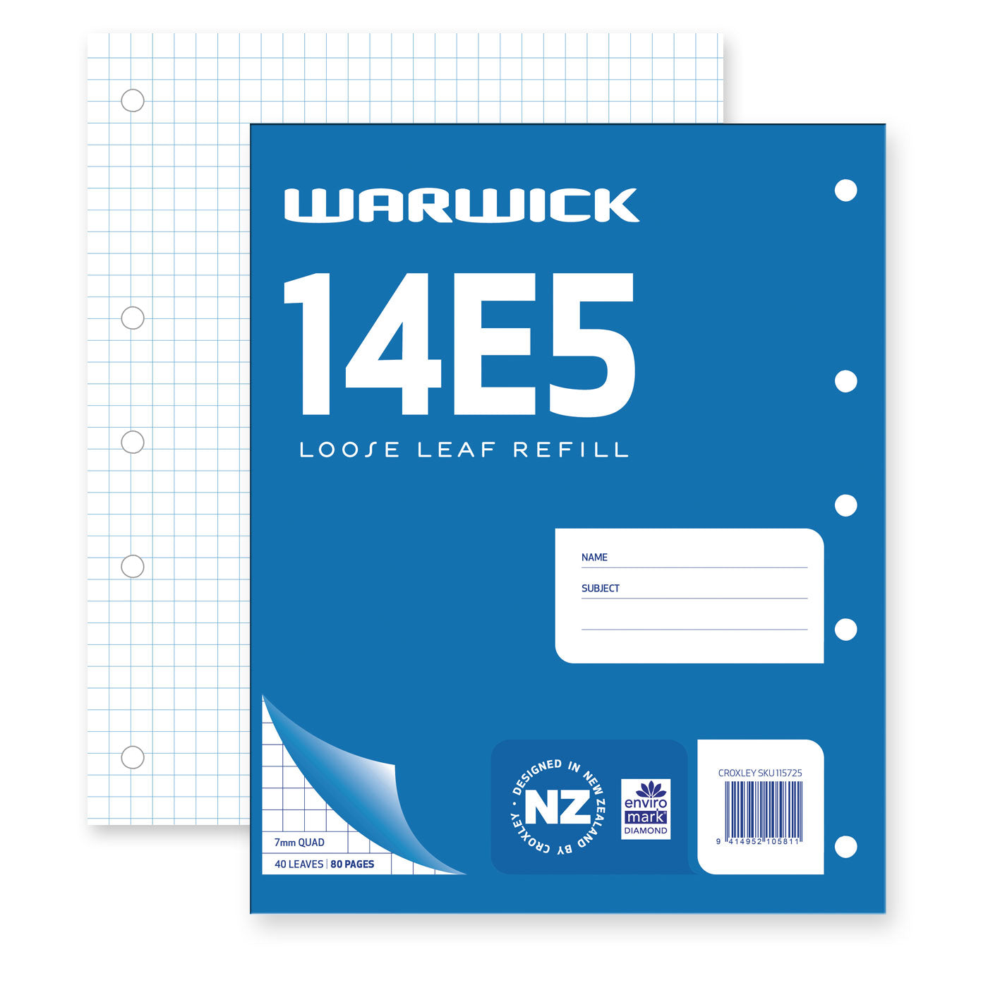 WARWICK REFILL 14E5 LOOSE LEAF 40 LEAF 7MM QUAD 255X205MM