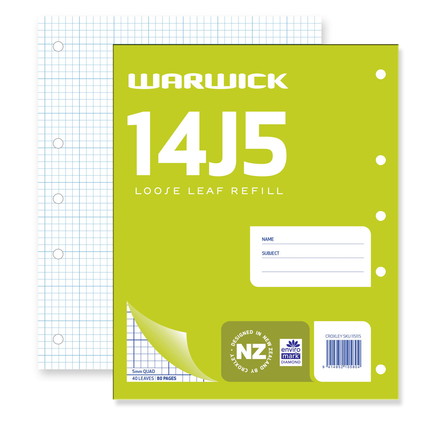 WARWICK REFILL 14J5 LOOSE LEAF 40 LEAF 5MM QUAD 255X205MM