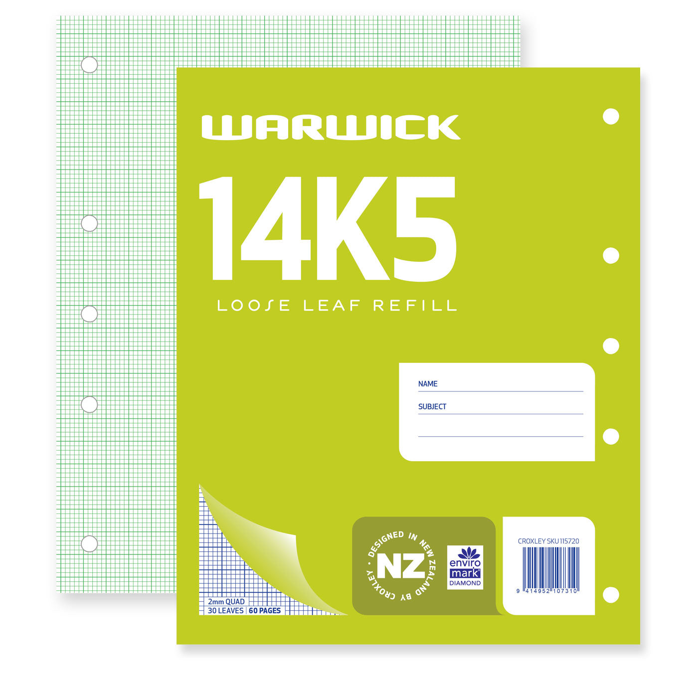 WARWICK REFILL 14K5 LOOSE LEAF 30 LEAF 2MM QUAD 255X205MM