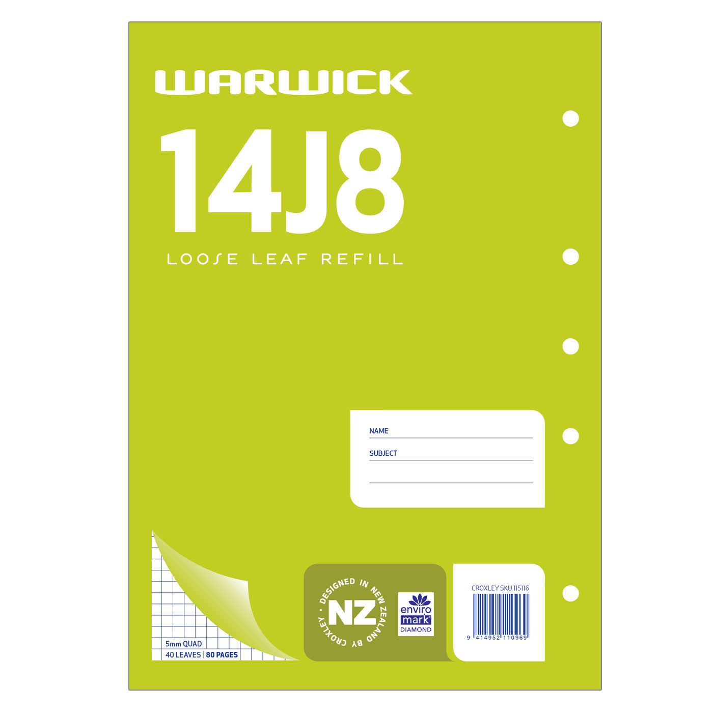 Warwick 14J8 A4 Graph Loose Leaf Refill 5mm Quad 40 Leaves