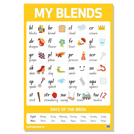 Warwick My Literacy Poster 2 Blends with Days of the Week in Maori & English